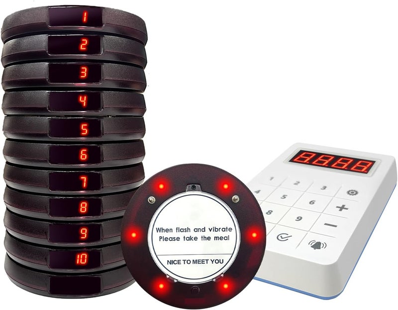 SmartTail Restaurant Buzzer System, 10 Coaster Beeper Pager System with Buzzer, Customer Queue Pagers Set with Vibration, Flashing and Buzzer, for Food Truck, Church, Nursery - Image 1